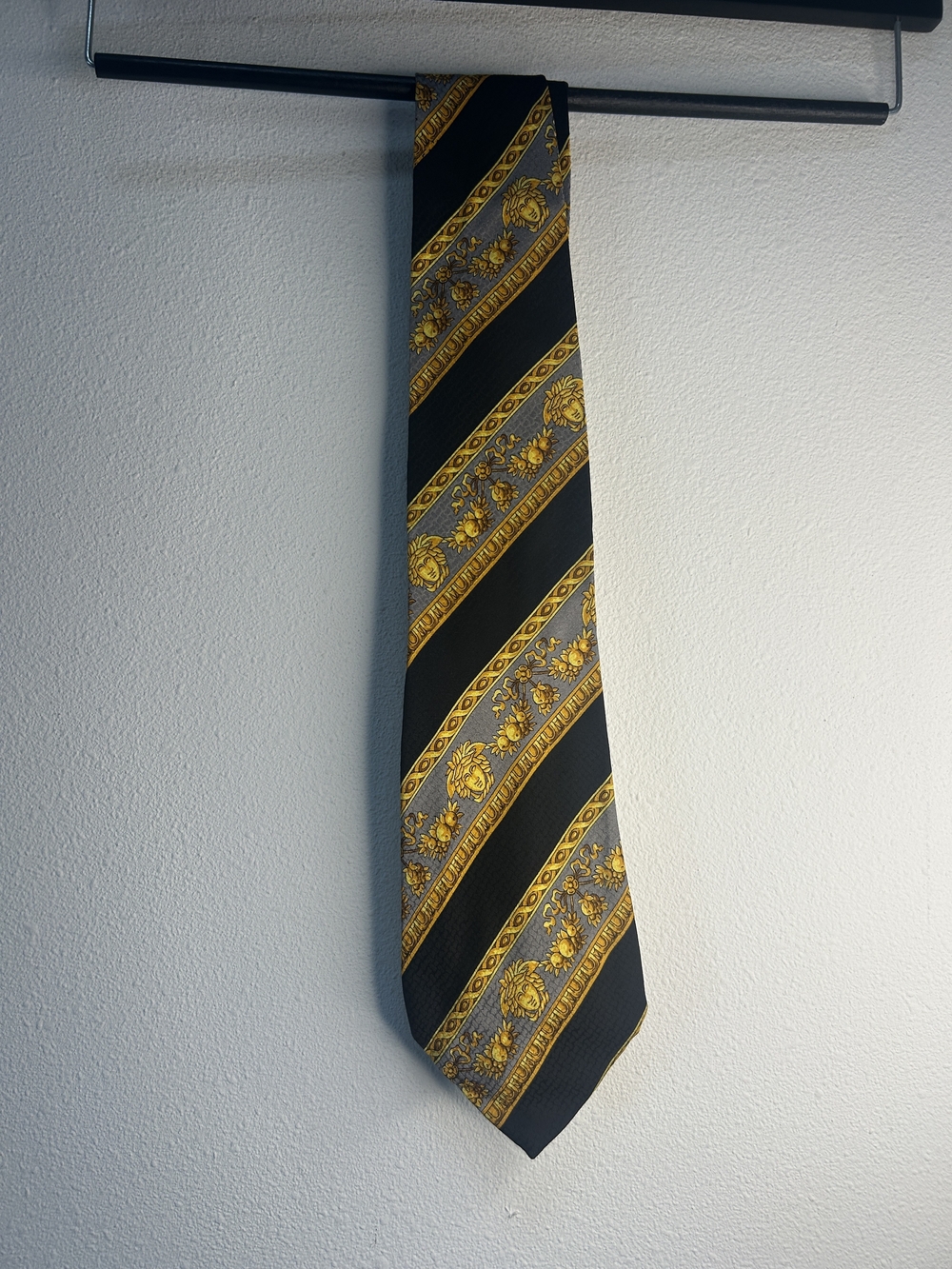 Versace Black and Gold Diagonal Floral Silk Tie